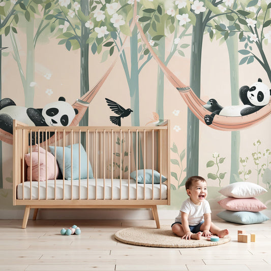 Kids-Mundo sleepy panda wall mural styled above a cot in a soft, calming baby nursery.