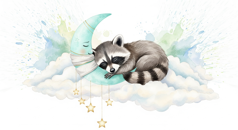 Kids-Mundo raccoon wall mural artwork showing a raccoon asleep on a crescent moon