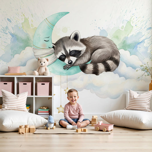 Kids-Mundo sleepy raccoon wall mural on the moon in a soft nursery room