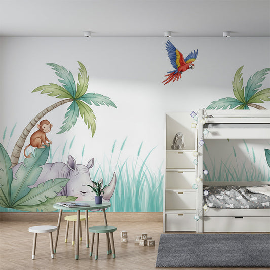 Kids-Mundo rhino and monkey mural on a feature wall in a bright children's bedroom