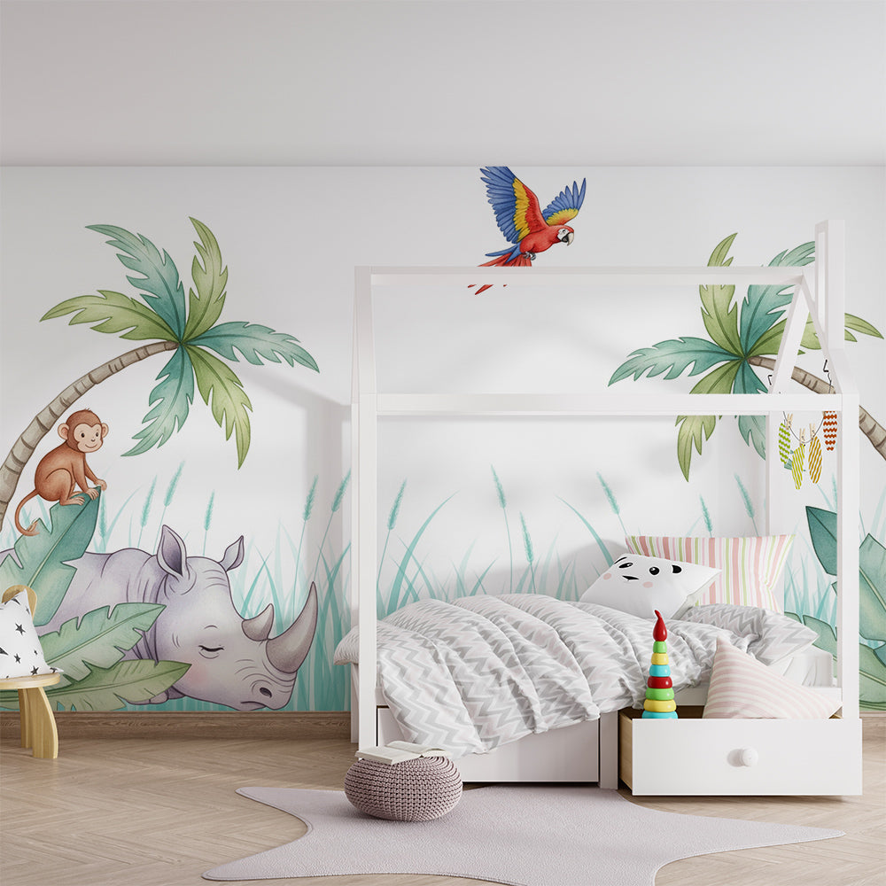Kids-Mundo sleepy rhino jungle mural brightening a fun children's playroom wall