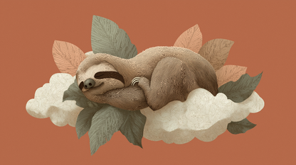Flat artwork preview of the Kids-Mundo sleepy sloth and tropical leaves wall mural