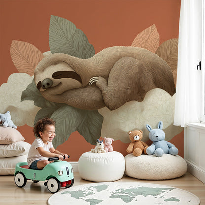 Kids-Mundo sleepy sloth wall mural with soft clouds above a baby nursery cot