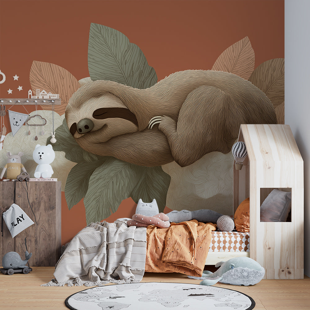 Kids-Mundo sloth on a cloud wall mural brightening a bright children's playroom
