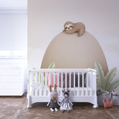 Kids-Mundo sloth hill wall mural shown on a wall in a calm kids bedroom