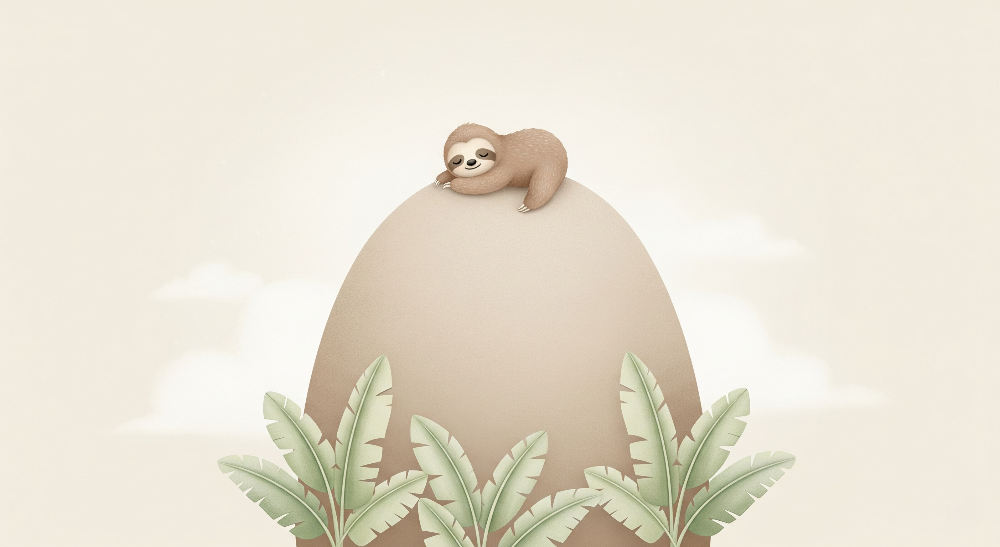 Kids-Mundo flat artwork of a sleepy sloth curled on a sandy hill with palm leaves