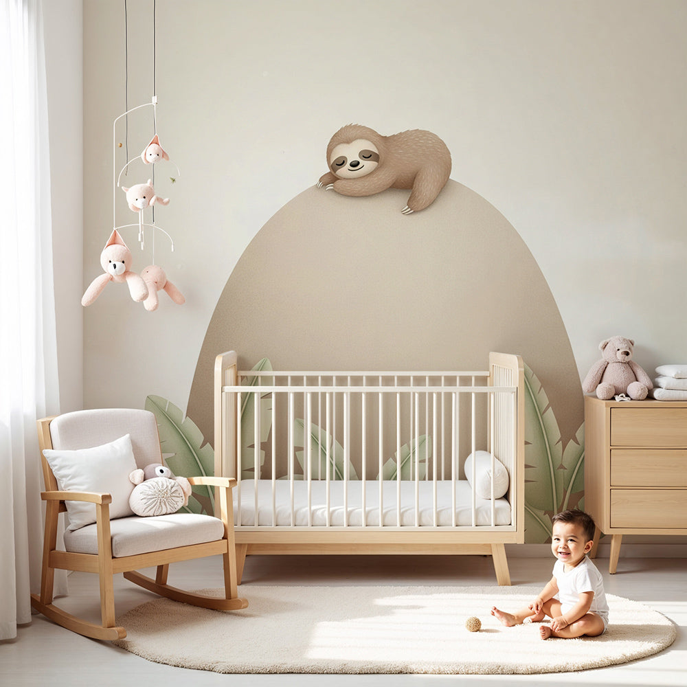 Kids-Mundo sleepy sloth wall mural styled as a feature wall in a warm, earthy nursery