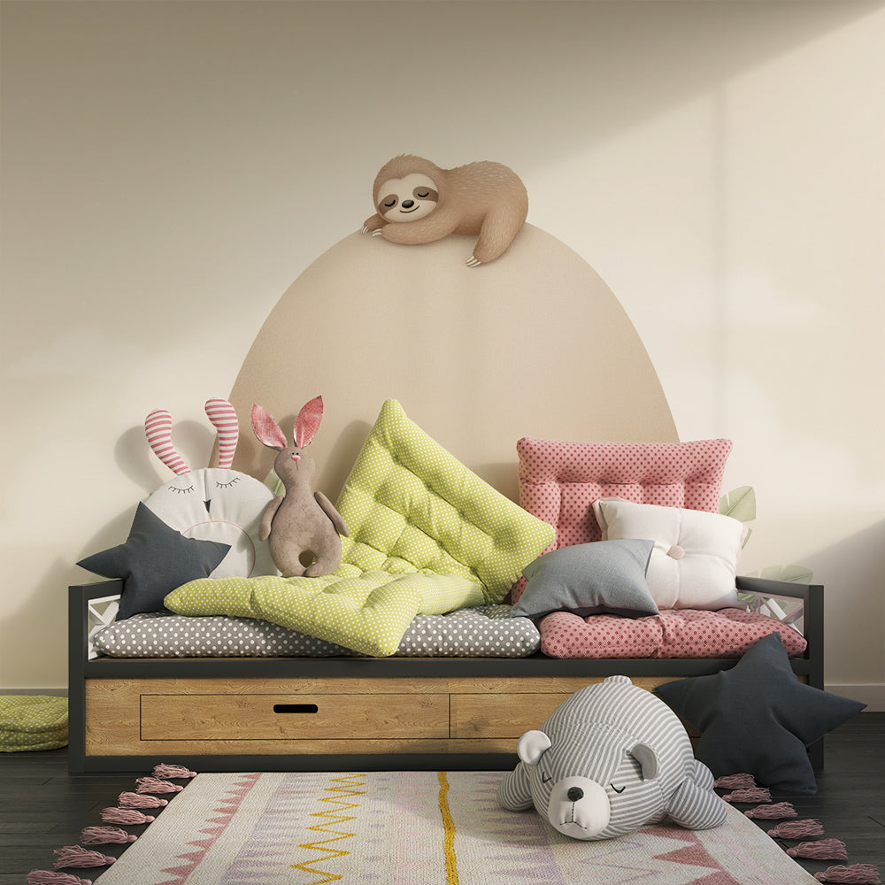 Kids-Mundo sloth wall mural with palm leaves displayed on a soft playroom wall