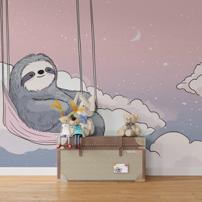 Animal-themed sloth wallpaper transforming baby bedroom into dreamy cloud sanctuary
