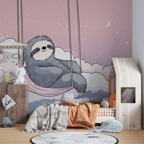 Cloud nursery wallpaper featuring peaceful sloth creating calming baby room atmosphere