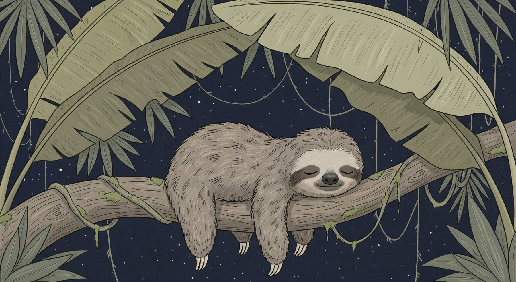 Detailed sleepy sloth with tropical leaves mural wallpaper design pattern by Kids-Mundo