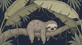 Detailed sleepy sloth with tropical leaves mural wallpaper design pattern by Kids-Mundo