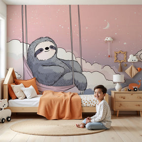 Sleepy sloth mural wallpaper in modern baby nursery with soft pink and blue clouds by Kids-Mundo