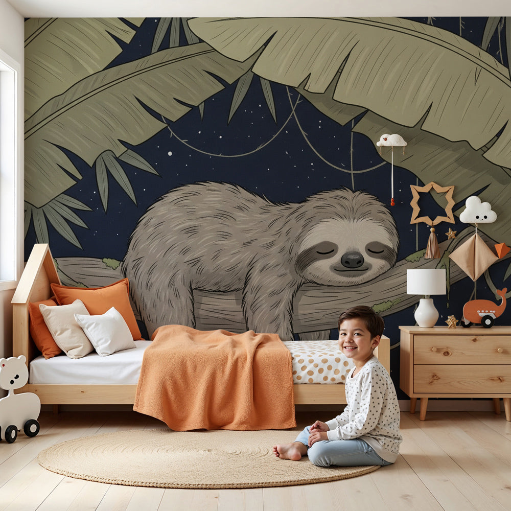 Sleepy sloth mural wallpaper in cozy nursery with natural wood crib by Kids-Mundo