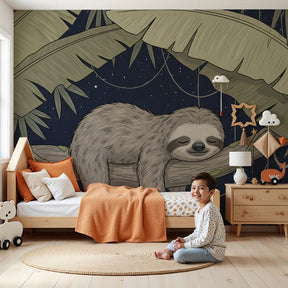 Sleepy sloth mural wallpaper in cozy nursery with natural wood crib by Kids-Mundo