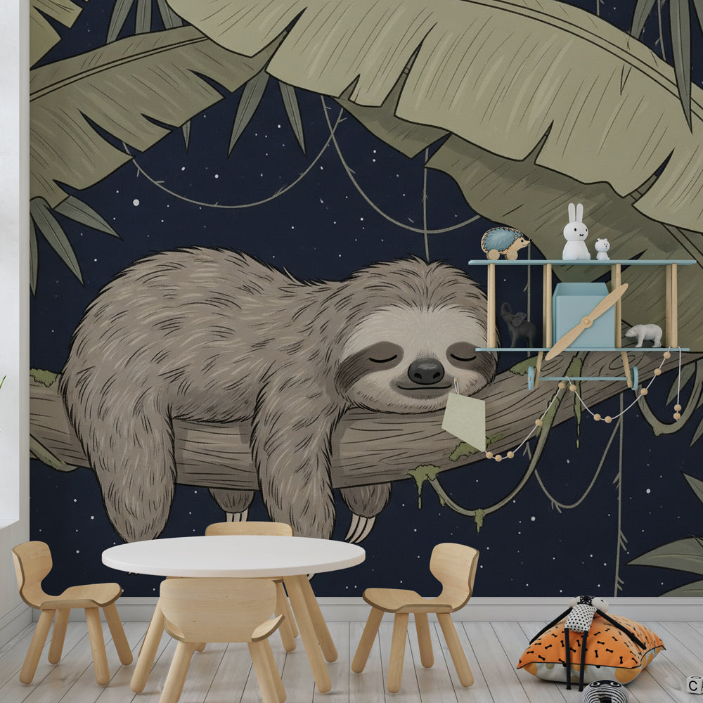 Nature theme sloth mural wallpaper with stars in bright children's playroom setting