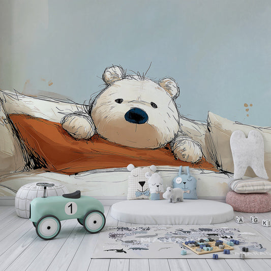 Kids-Mundo sleepy teddy bear mural covering the wall of a cosy child's bedroom with a single bed