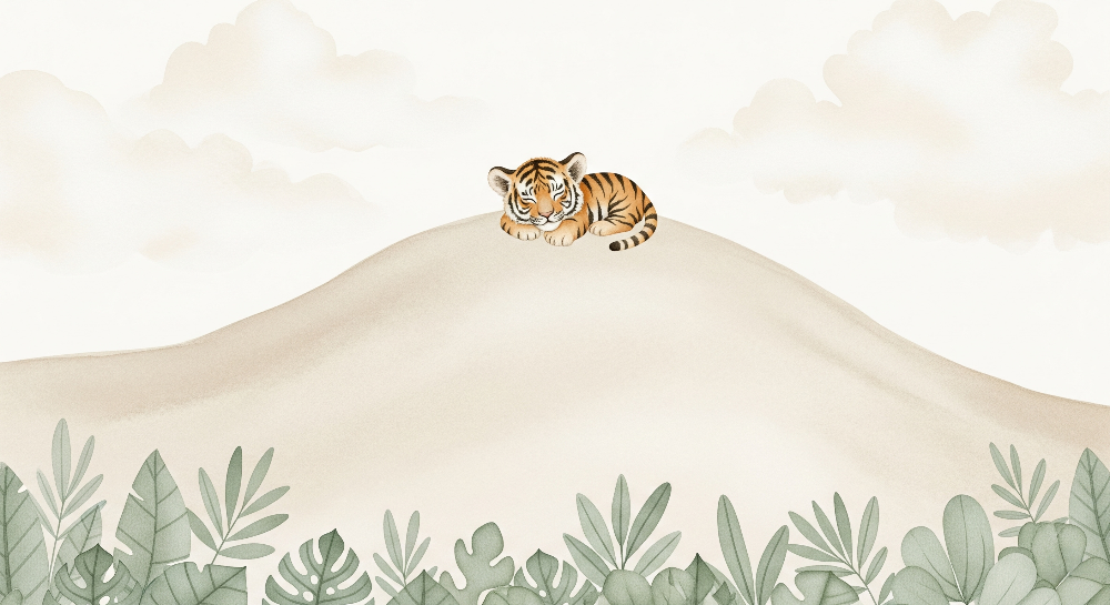Kids-Mundo flat artwork of a sleepy tiger cub napping on a hill with soft clouds and green leaves
