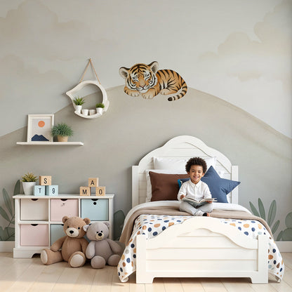 Kids-Mundo sleepy tiger cub wall mural in a calm beige nursery with a cot and soft furnishings