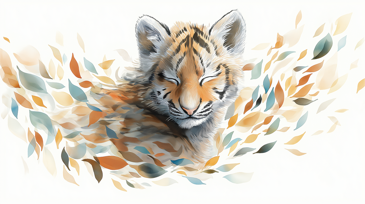 Sleepy Tiger Cub Among Autumn Leaves Wall Mural