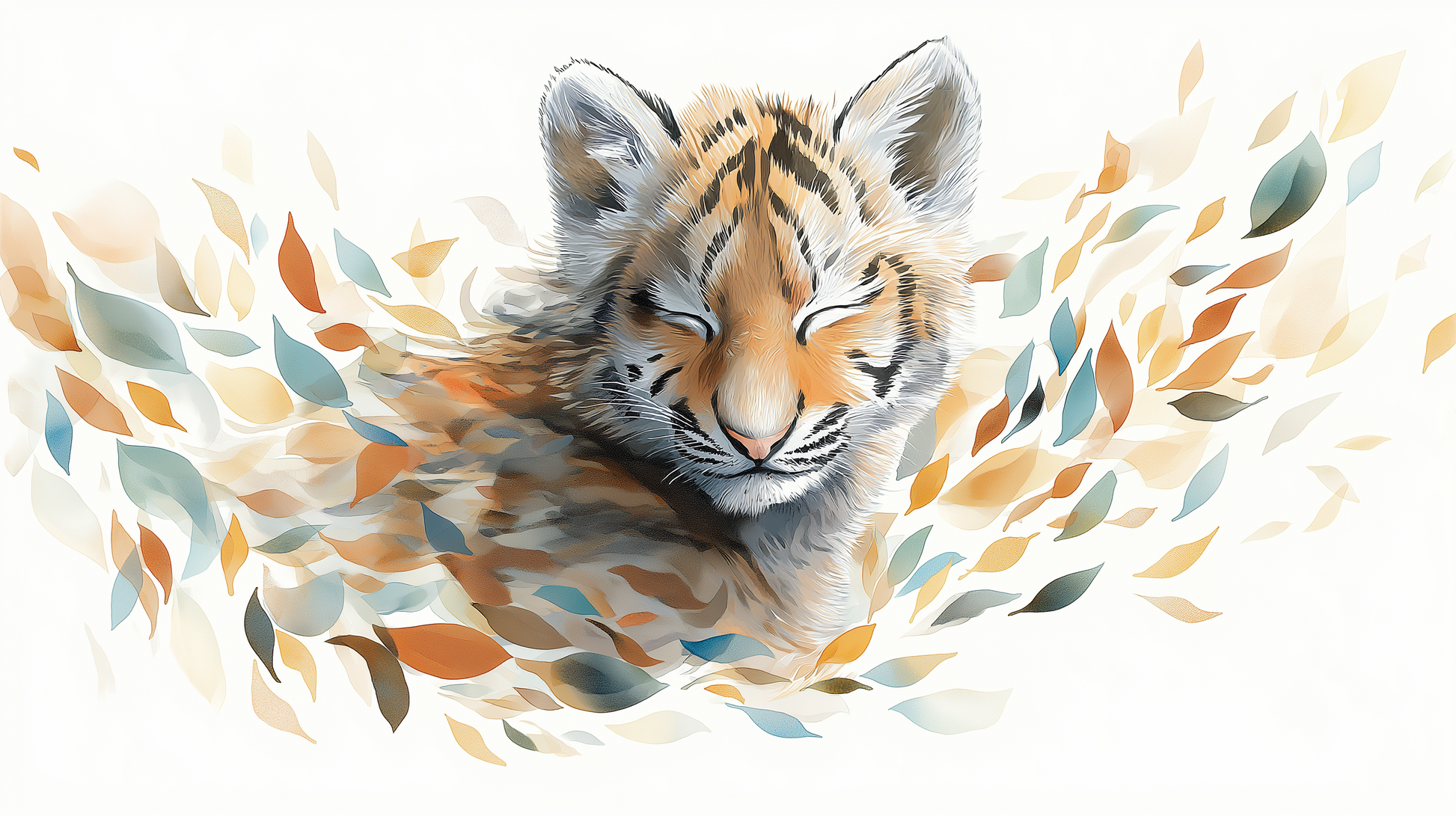 Kids-Mundo flat artwork of a sleepy tiger cub among swirling autumn-toned leaves.