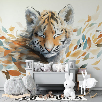 Kids-Mundo sleepy tiger cub wall mural pictured in a calm children's playroom.
