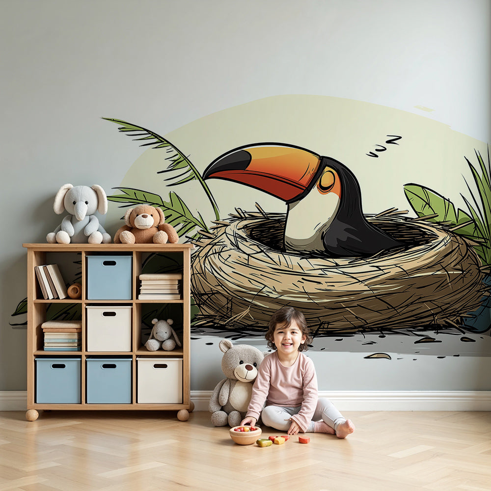 Kids-Mundo sleepy toucan wall mural styled on a feature wall in a cosy nursery.