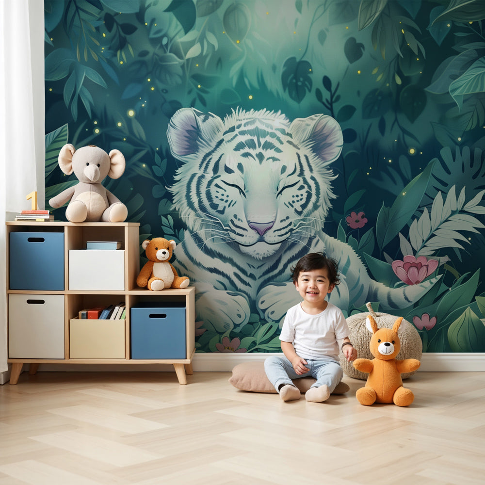 Kids-Mundo sleepy white tiger wall mural shown as made-to-measure wallpaper in a calm baby nursery