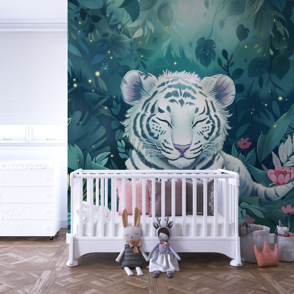 Kids-Mundo dreamy white tiger wall mural with glowing jungle leaves shown in a cosy playroom