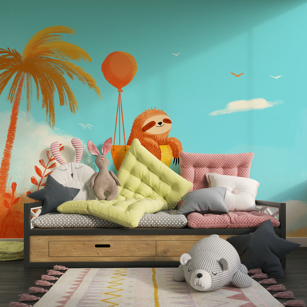 Adventure sky mural wallpaper featuring sloth in balloon creating whimsical kids bedroom atmosphere