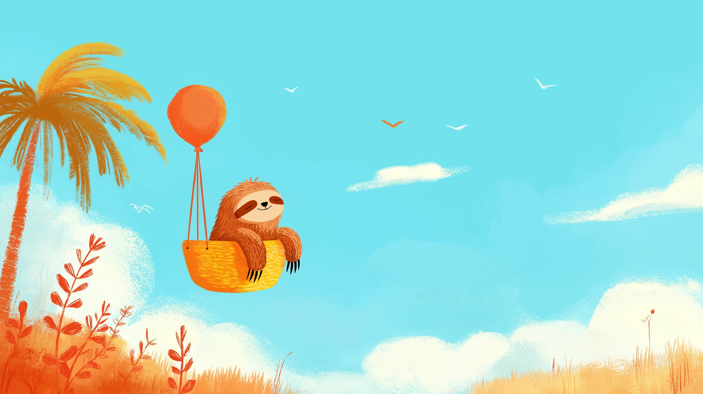 Detailed sloth hot air balloon mural wallpaper design pattern with tropical sky theme by Kids-Mundo