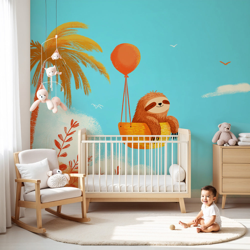 Sloth hot air balloon mural wallpaper in modern nursery with natural wood furniture by Kids-Mundo