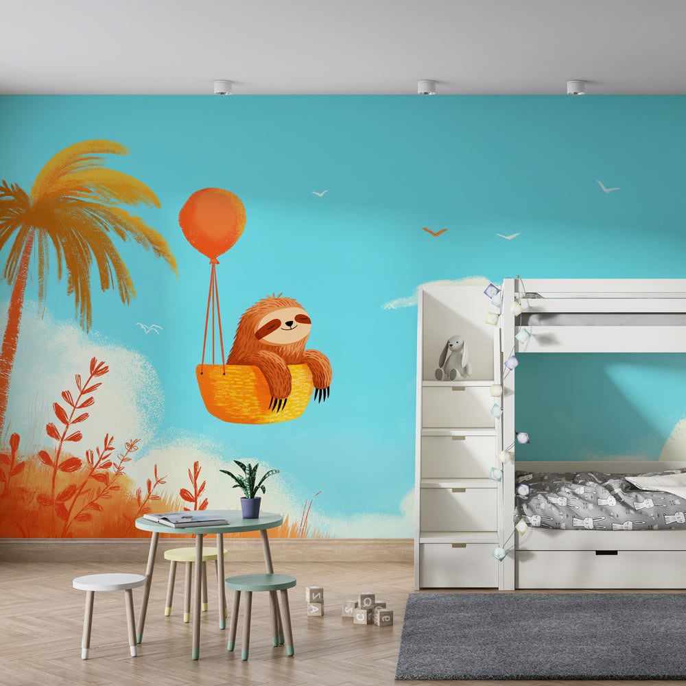Tropical sloth adventure mural wallpaper with palm trees and blue sky for children's room by Kids-Mundo
