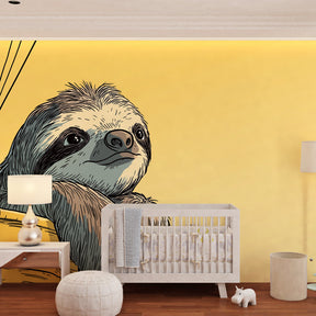Adventure themed children's bedroom featuring sloth balloon wallpaper with yellow sky background
