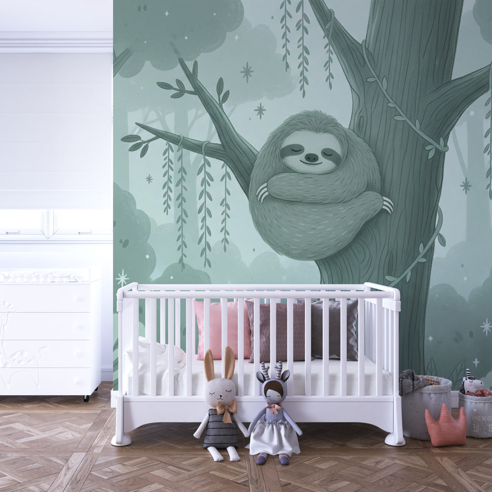 Enchanted forest wallpaper with cute sloth in modern kids bedroom setting