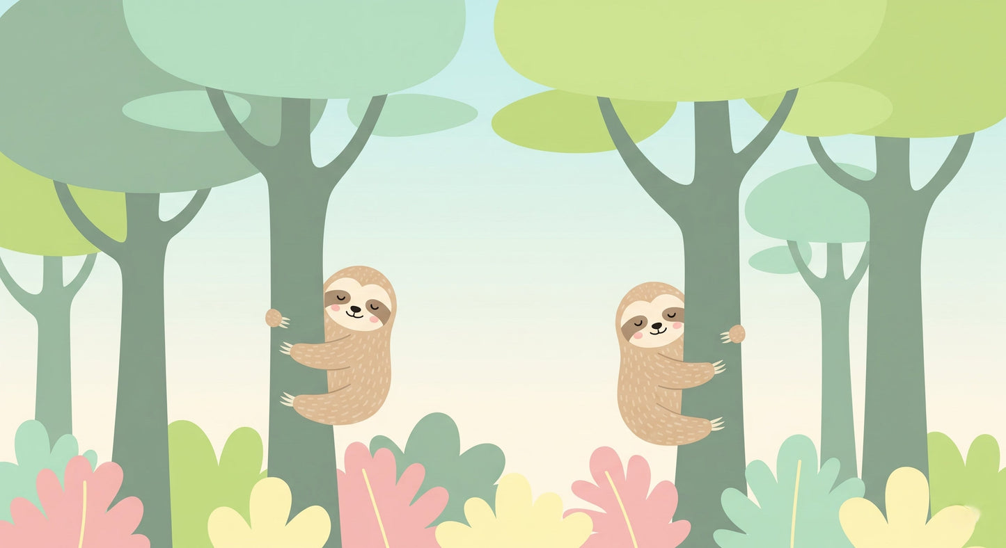 Detailed sloth forest mural wallpaper design pattern with peaceful sloths and trees by Kids-Mundo