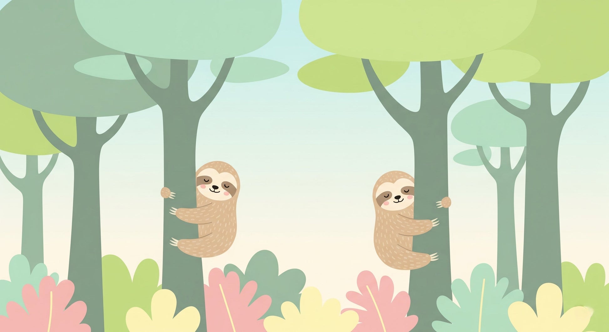 Detailed sloth forest mural wallpaper design pattern with peaceful sloths and trees by Kids-Mundo