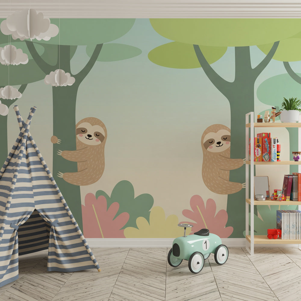 Forest sloth wallpaper creating calming atmosphere in children's bedroom with pastel colors