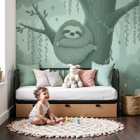 Sloth forest mural wallpaper creating peaceful woodland nursery decor by Kids-Mundo