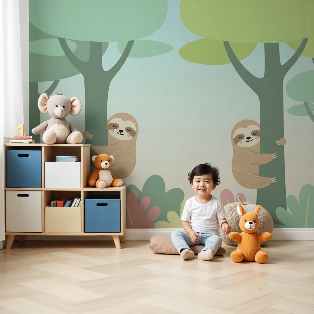 Sloth forest mural wallpaper in peaceful nursery setting with natural wood furniture by Kids-Mundo