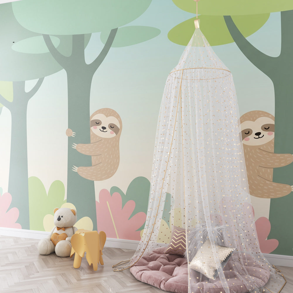 Nature-themed sloth mural wallpaper transforming toddler room into woodland sanctuary