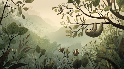 Kids-Mundo flat artwork of a sloth hanging from a branch above a misty green jungle