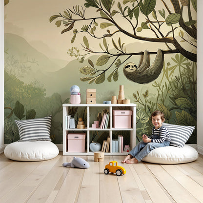 Kids-Mundo sloth wall mural in a green nursery with a cot and a misty jungle scene
