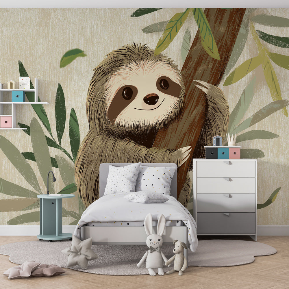 Adorable sloth wallpaper creating calming atmosphere in children's bedroom