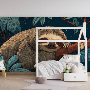 Dreamy sloth animal wallpaper creating cozy kids bedroom atmosphere with tropical jungle theme