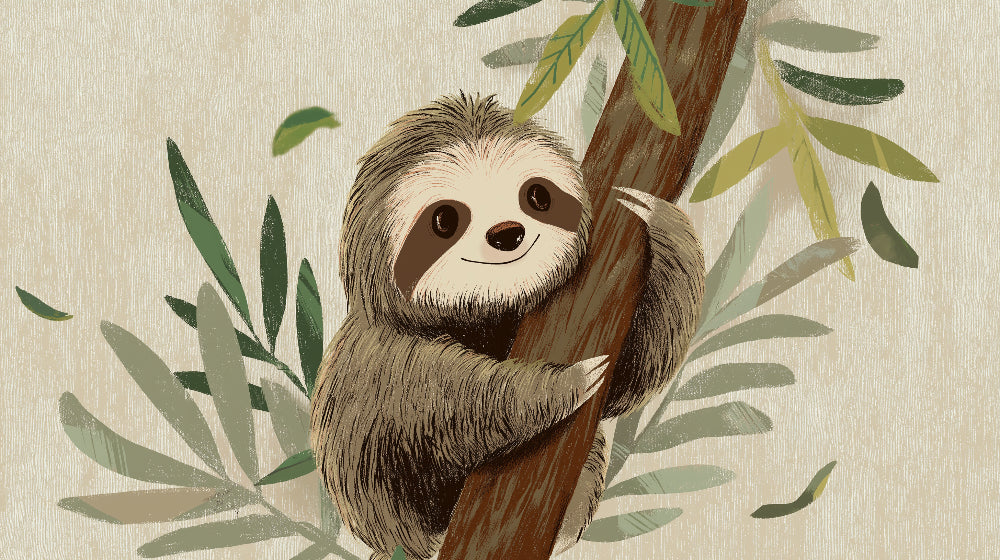 Detailed sloth jungle mural wallpaper design pattern with tropical foliage by Kids-Mundo