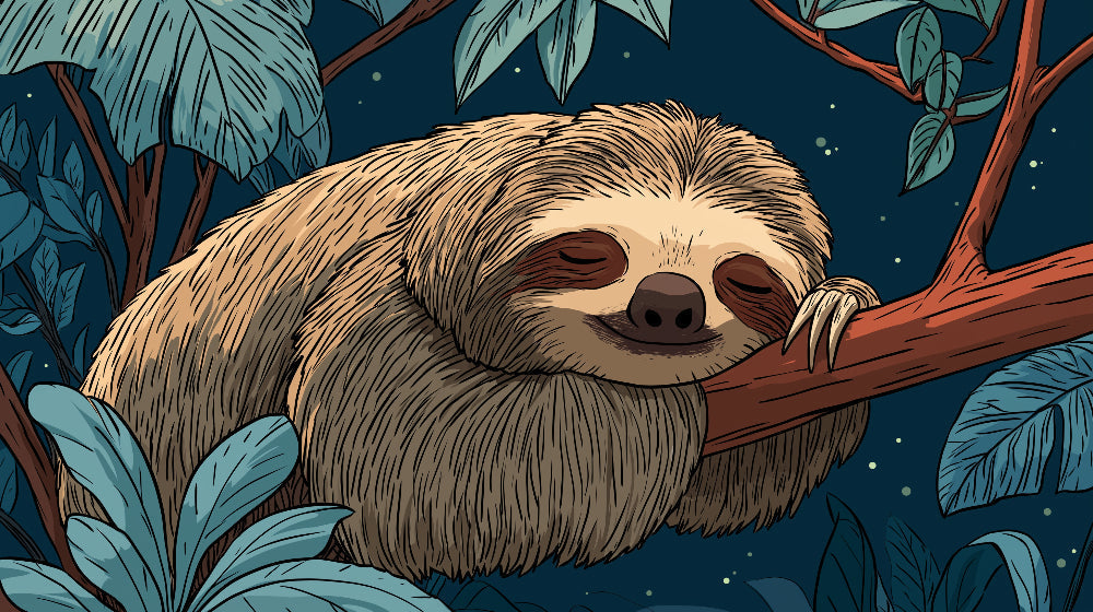 Detailed sloth jungle mural wallpaper design pattern with tropical leaves and stars by Kids-Mundo