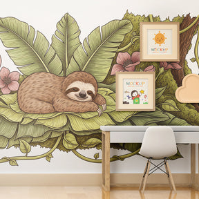 Tropical sloth mural wallpaper creating serene atmosphere in children's bedroom decor