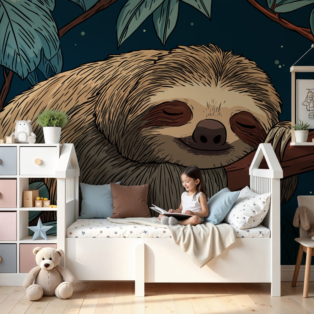 Sloth jungle mural wallpaper in peaceful nursery with natural wood crib by Kids-Mundo