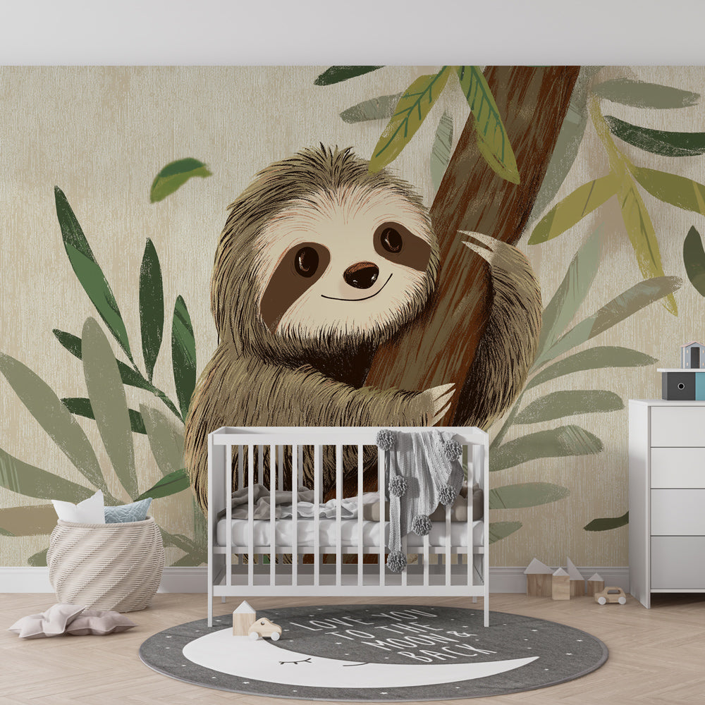 Nature-inspired sloth mural wallpaper transforming kids playroom decor